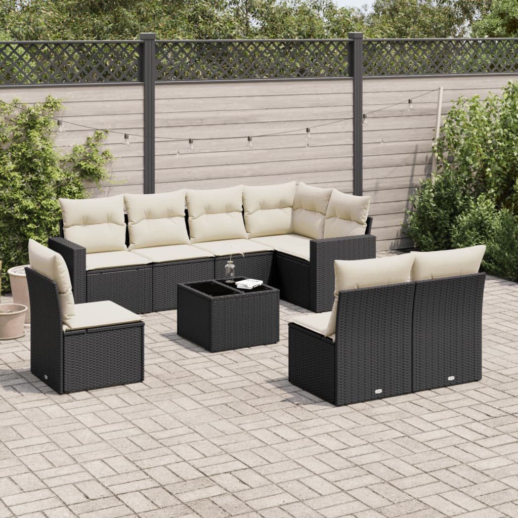 9 Pcs conjunto de sofás p/ jardim c/ almofadões vime PE preto