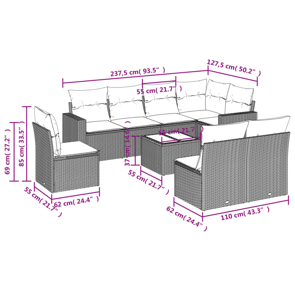 9 Pcs conjunto de sofás p/ jardim c/ almofadões vime PE preto