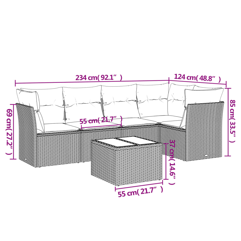 6 Pcs conjunto de sofás p/ jardim com almofadões vime PE bege