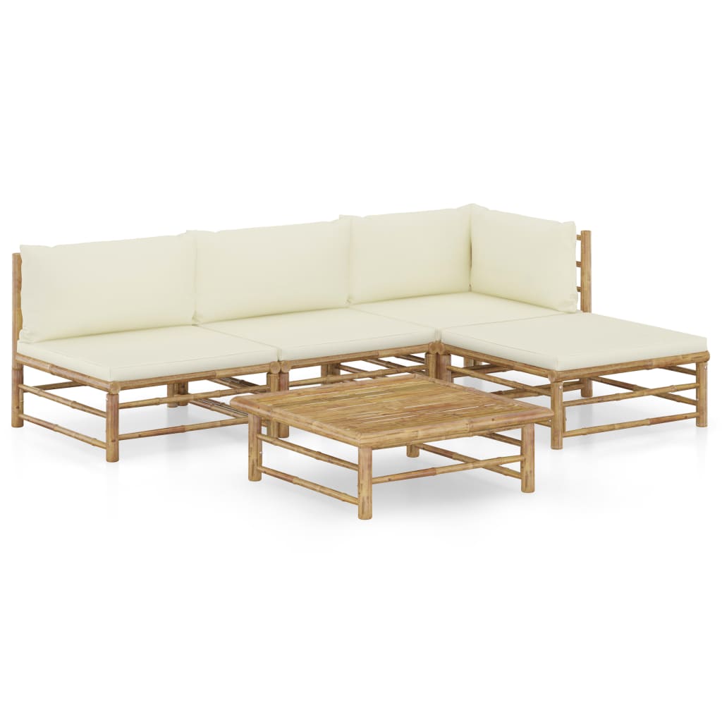 5 Pcs conj. lounge p/ jardim em bambu c/ almofadões branco nata