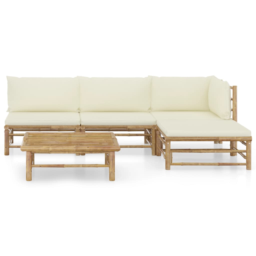 5 Pcs conj. lounge p/ jardim em bambu c/ almofadões branco nata