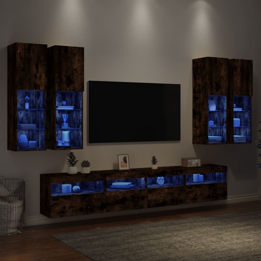 7 Pcs conj. móveis de parede p/ TV c/ luzes LED carvalho fumado
