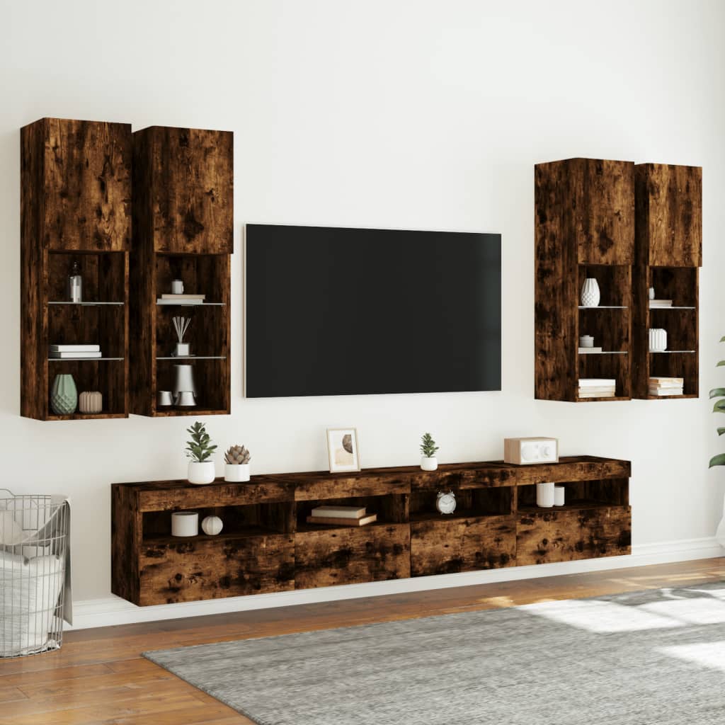 7 Pcs conj. móveis de parede p/ TV c/ luzes LED carvalho fumado