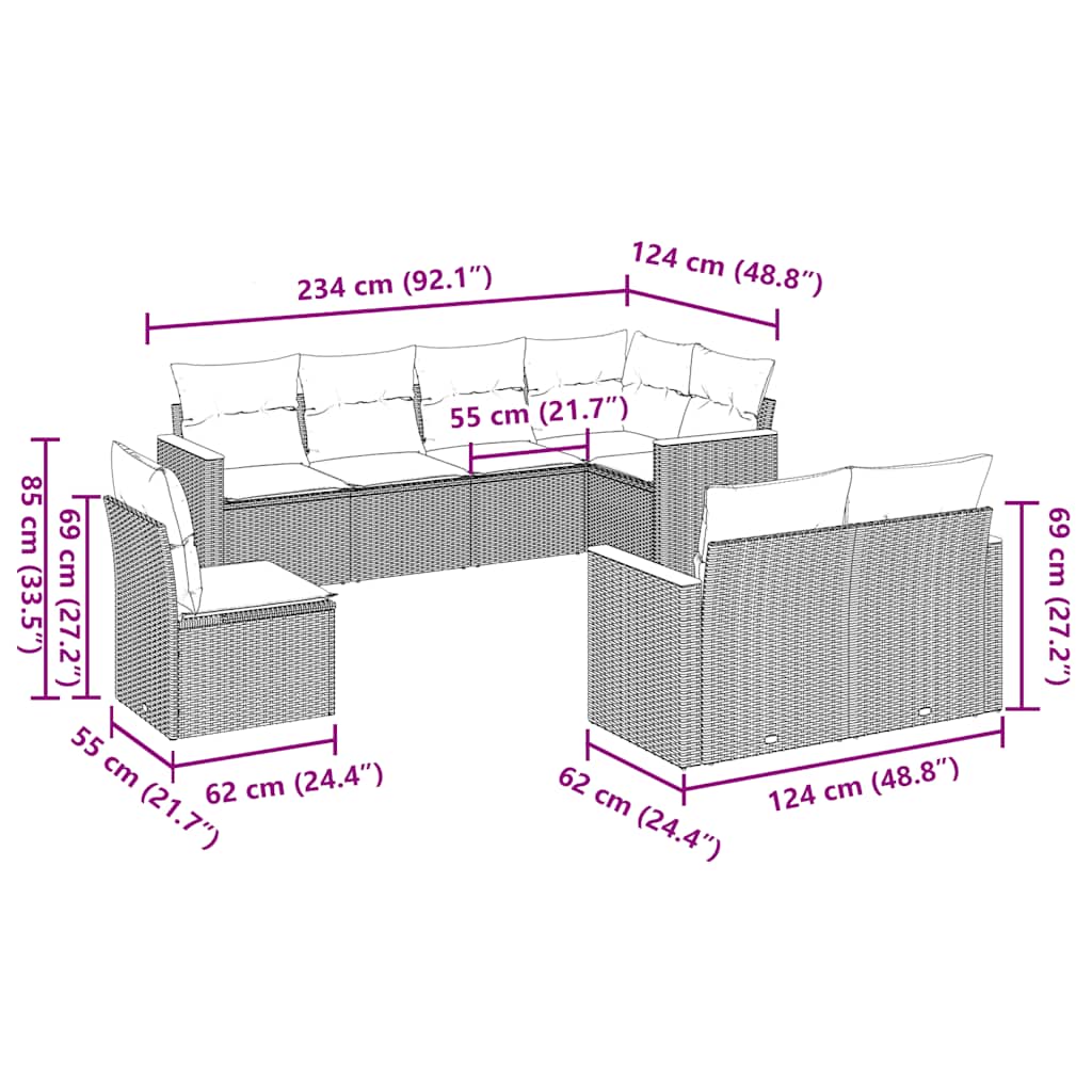 8 Pcs conjunto sofás de jardim com almofadões vime PE preto
