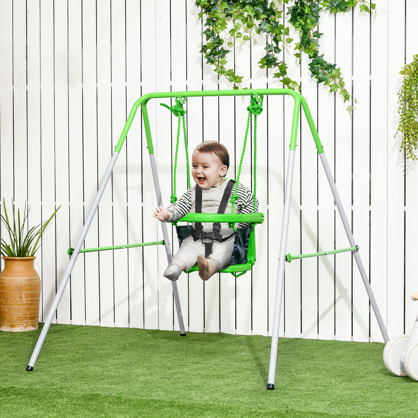 Baloiço infantil de aço baloiço para crianças de 6-36 meses com encosto alto e arnês de segurança 122x146x122 cm verde