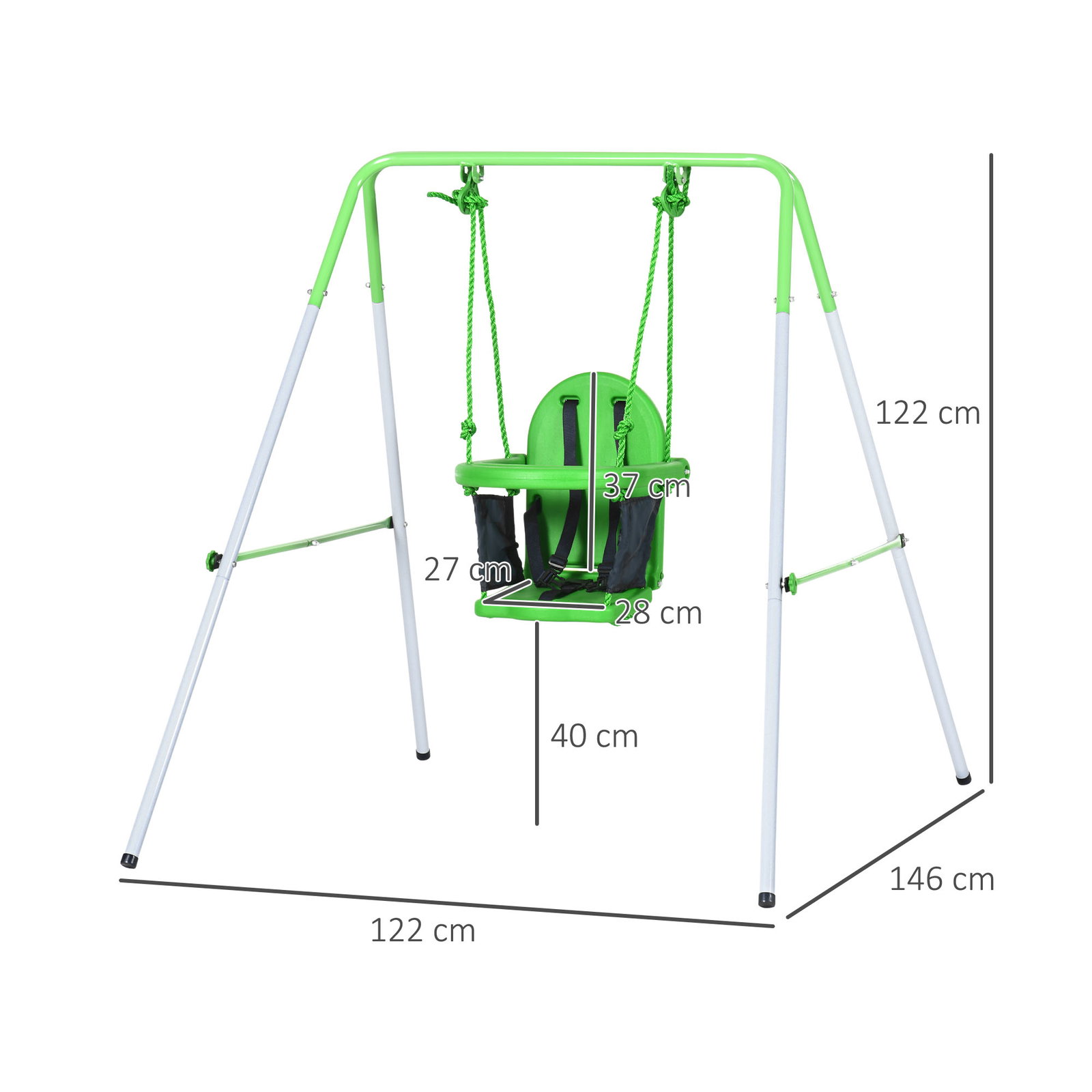 Baloiço infantil de aço baloiço para crianças de 6-36 meses com encosto alto e arnês de segurança 122x146x122 cm verde