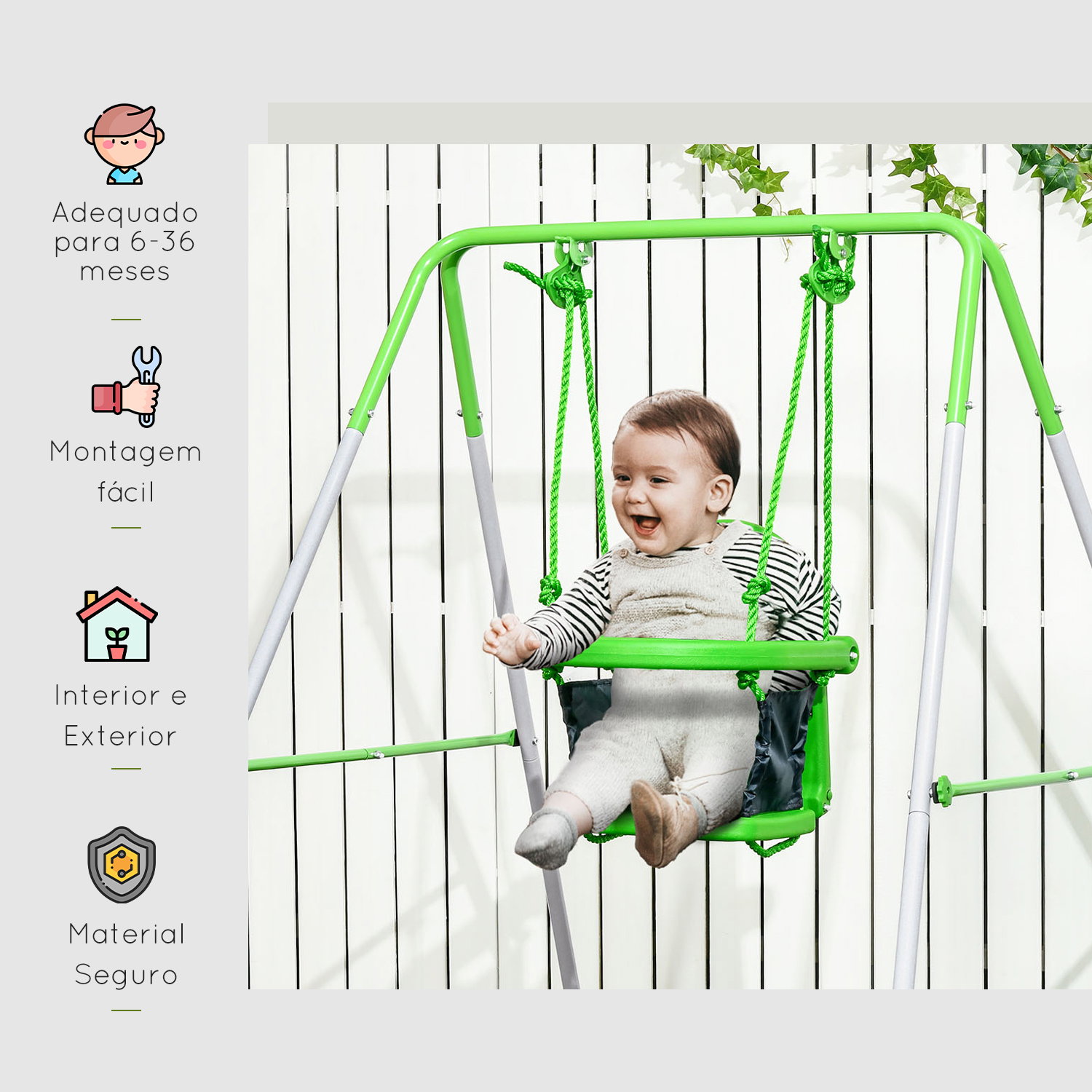 Baloiço infantil de aço baloiço para crianças de 6-36 meses com encosto alto e arnês de segurança 122x146x122 cm verde