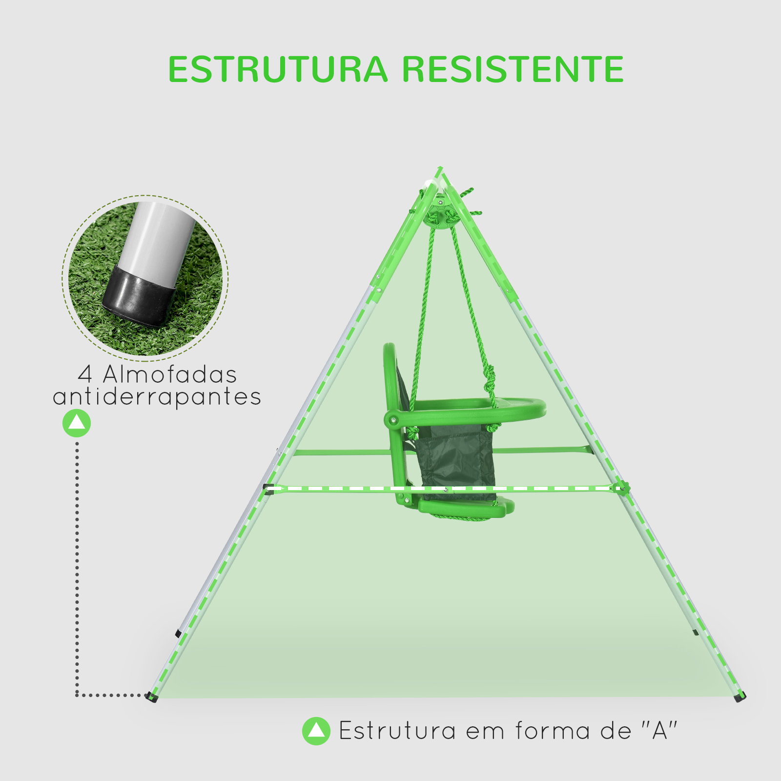 Baloiço infantil de aço baloiço para crianças de 6-36 meses com encosto alto e arnês de segurança 122x146x122 cm verde