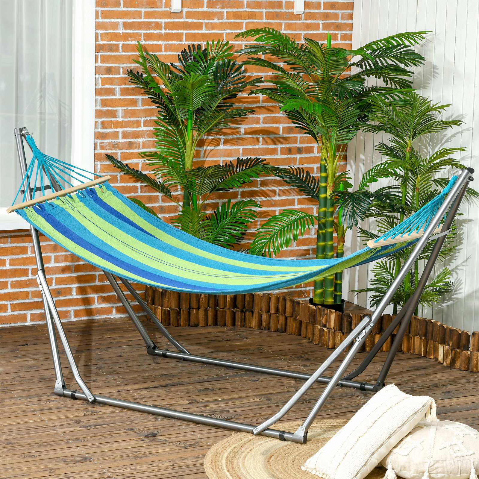 Cama rede com suporte dobrável 2 em 1 estendal com barra estrutura de aço para jardim 270x100x94 cm azul e verde