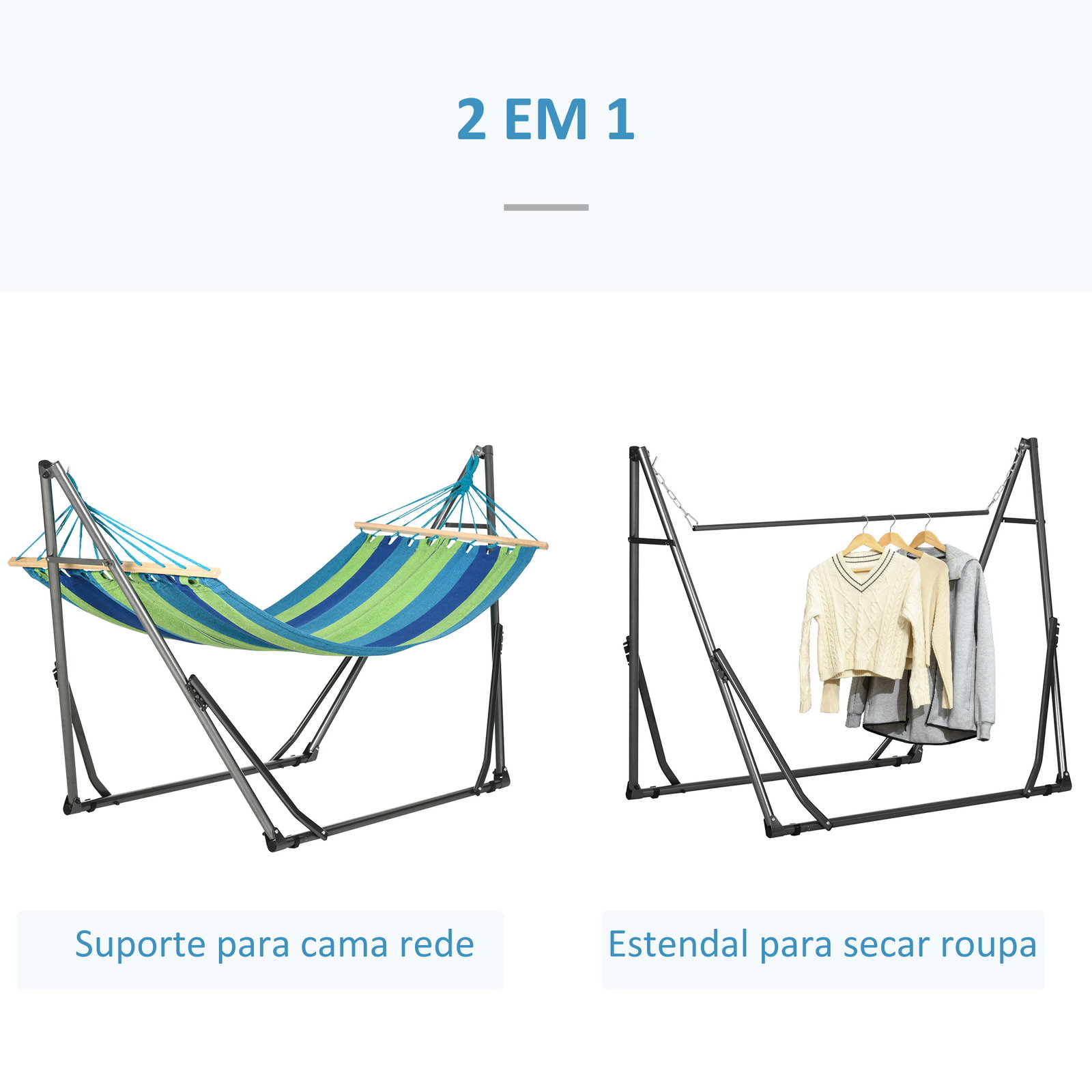 Cama rede com suporte dobrável 2 em 1 estendal com barra estrutura de aço para jardim 270x100x94 cm azul e verde