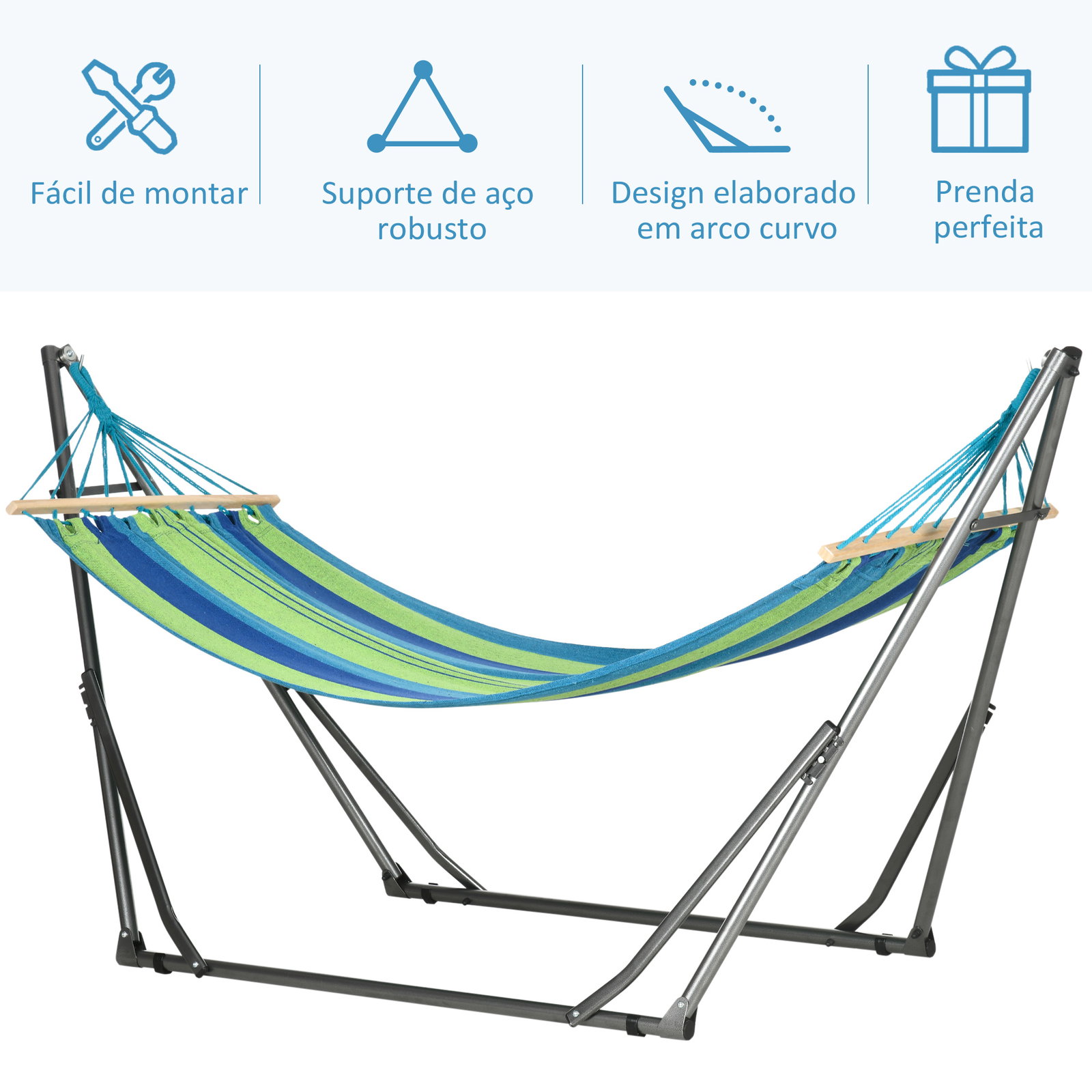 Cama rede com suporte dobrável 2 em 1 estendal com barra estrutura de aço para jardim 270x100x94 cm azul e verde