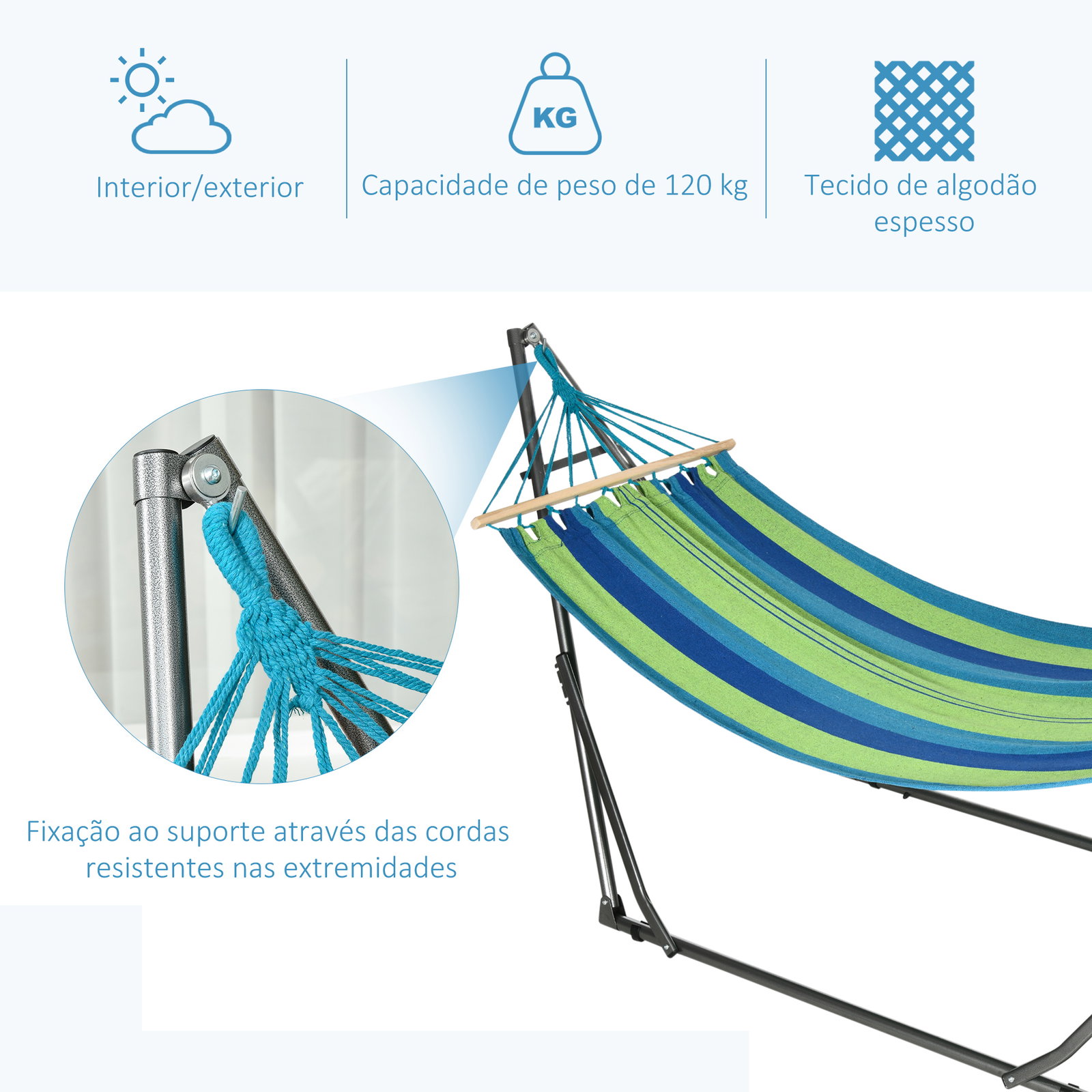 Cama rede com suporte dobrável 2 em 1 estendal com barra estrutura de aço para jardim 270x100x94 cm azul e verde