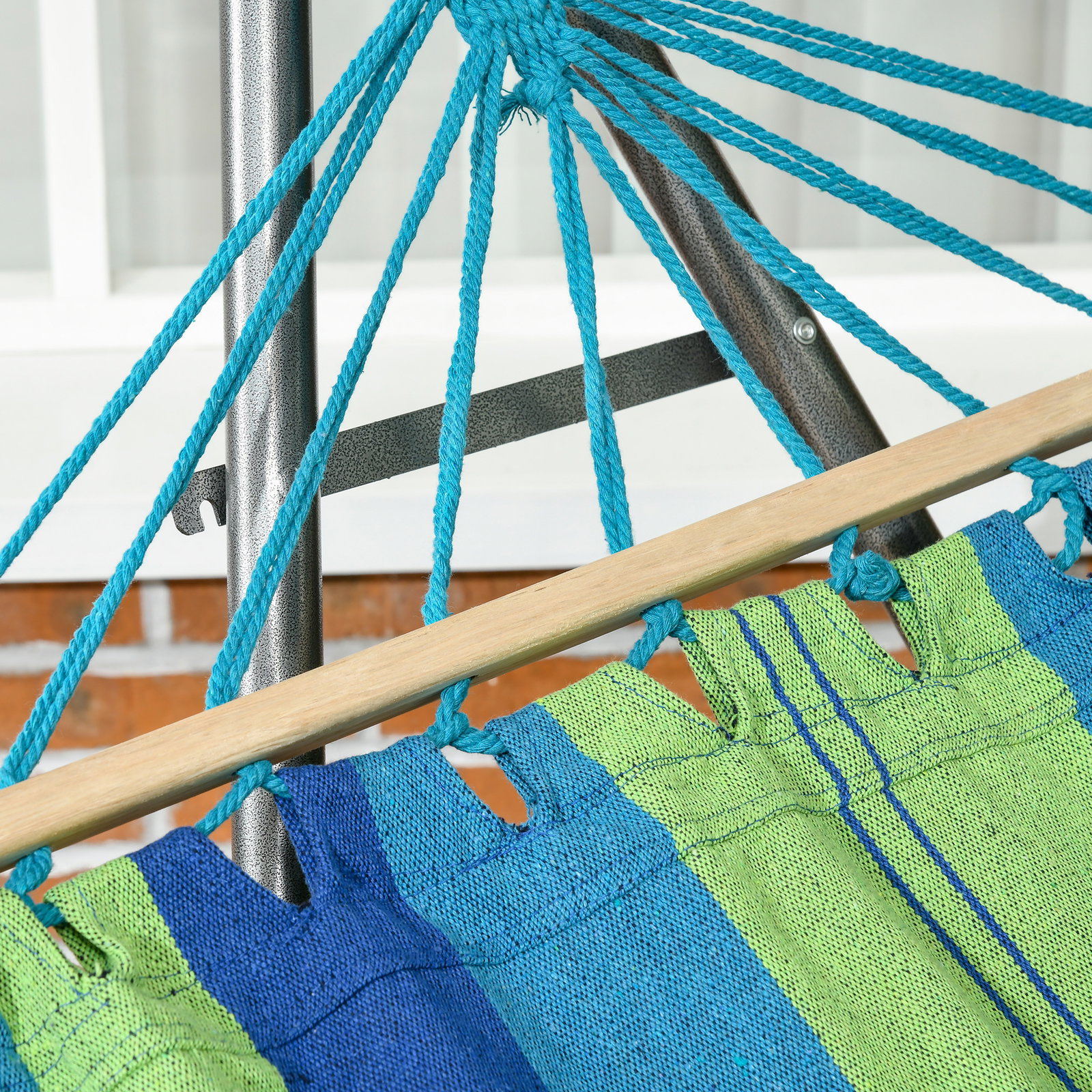 Cama rede com suporte dobrável 2 em 1 estendal com barra estrutura de aço para jardim 270x100x94 cm azul e verde