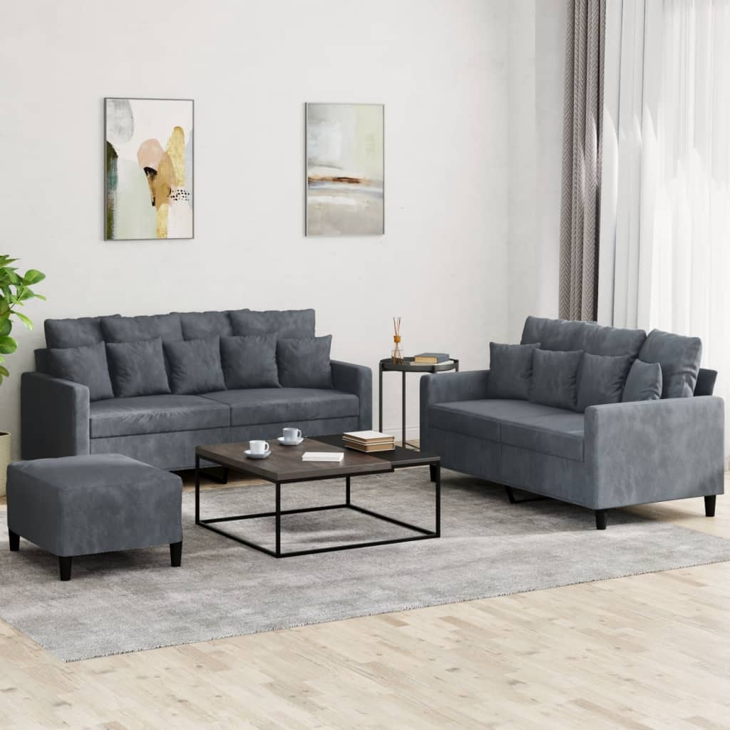 3 Pcs conjunto de sofás com almofadões veludo cinzento-escuro