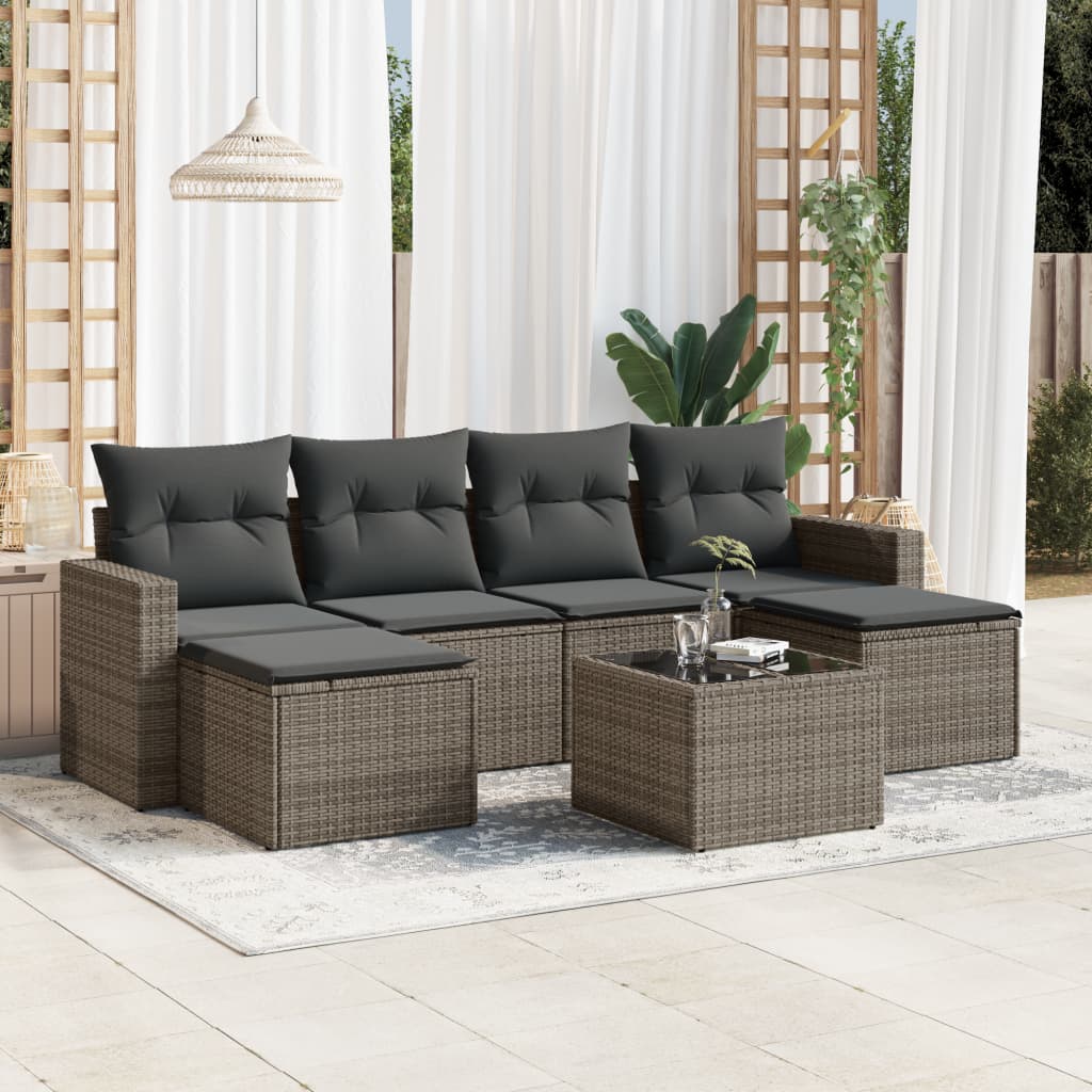 7 Pcs conjunto sofás p/ jardim c/ almofadões vime PE cinzento