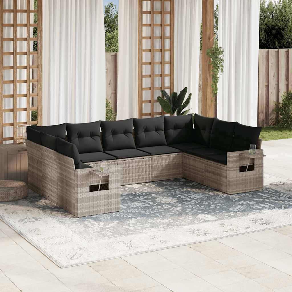 9 Pcs conj. sofás jardim com almofadões vime PE cinzento-claro