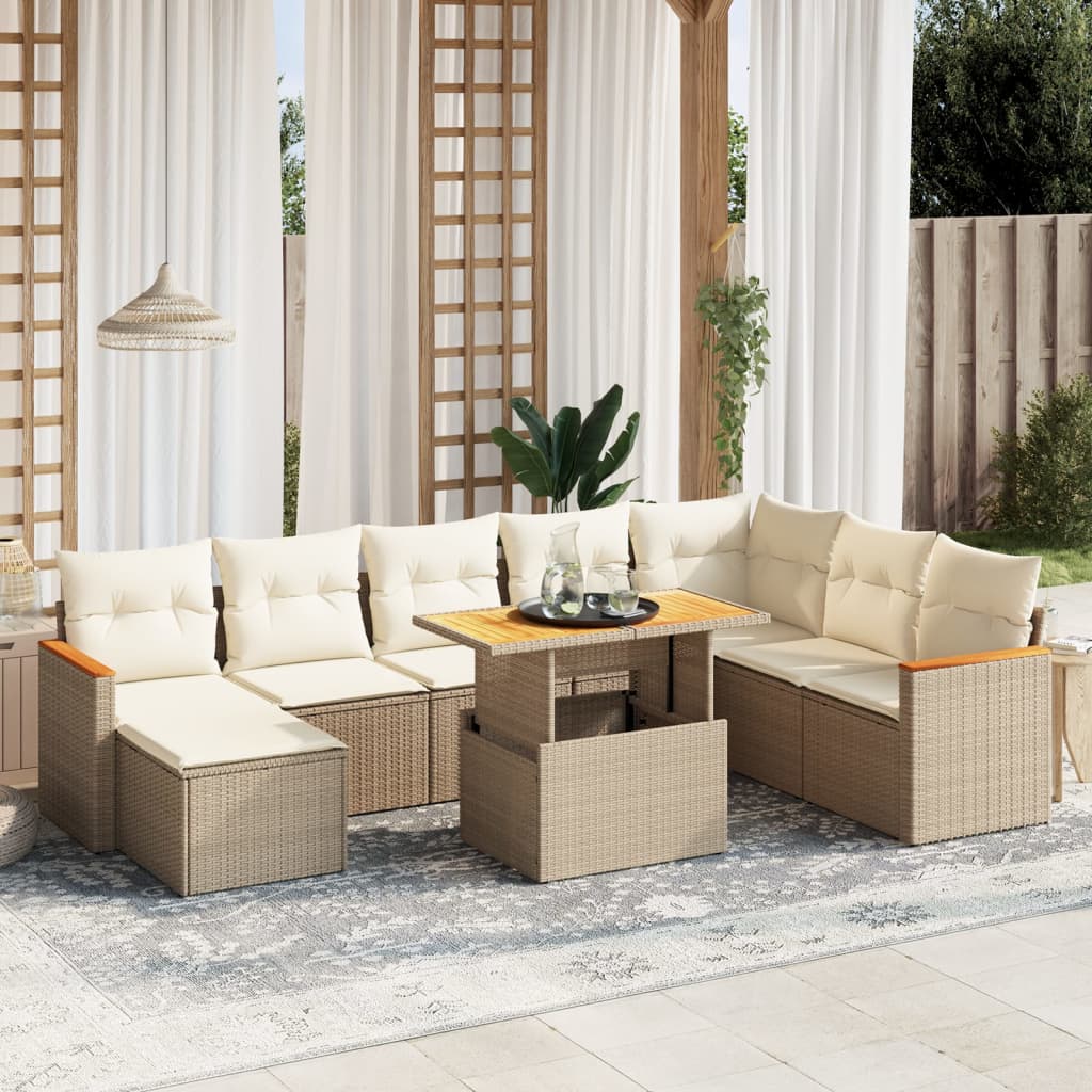 9 Pcs conjunto de sofás p/ jardim com almofadões vime PE bege