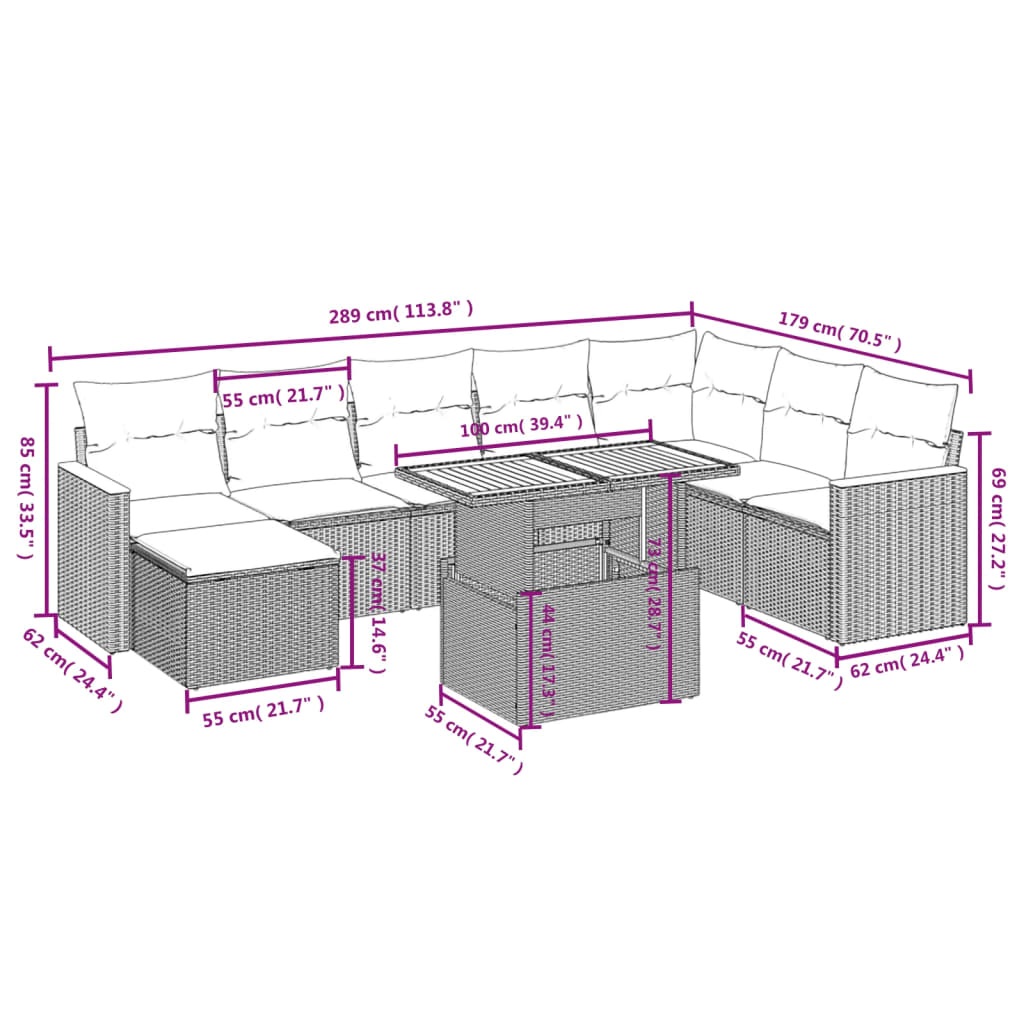 9 Pcs conjunto de sofás p/ jardim com almofadões vime PE bege