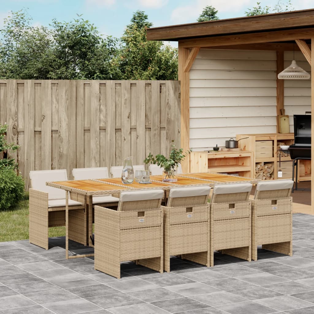 9 Pcs conjunto de jantar p/ jardim com almofadões vime PE bege