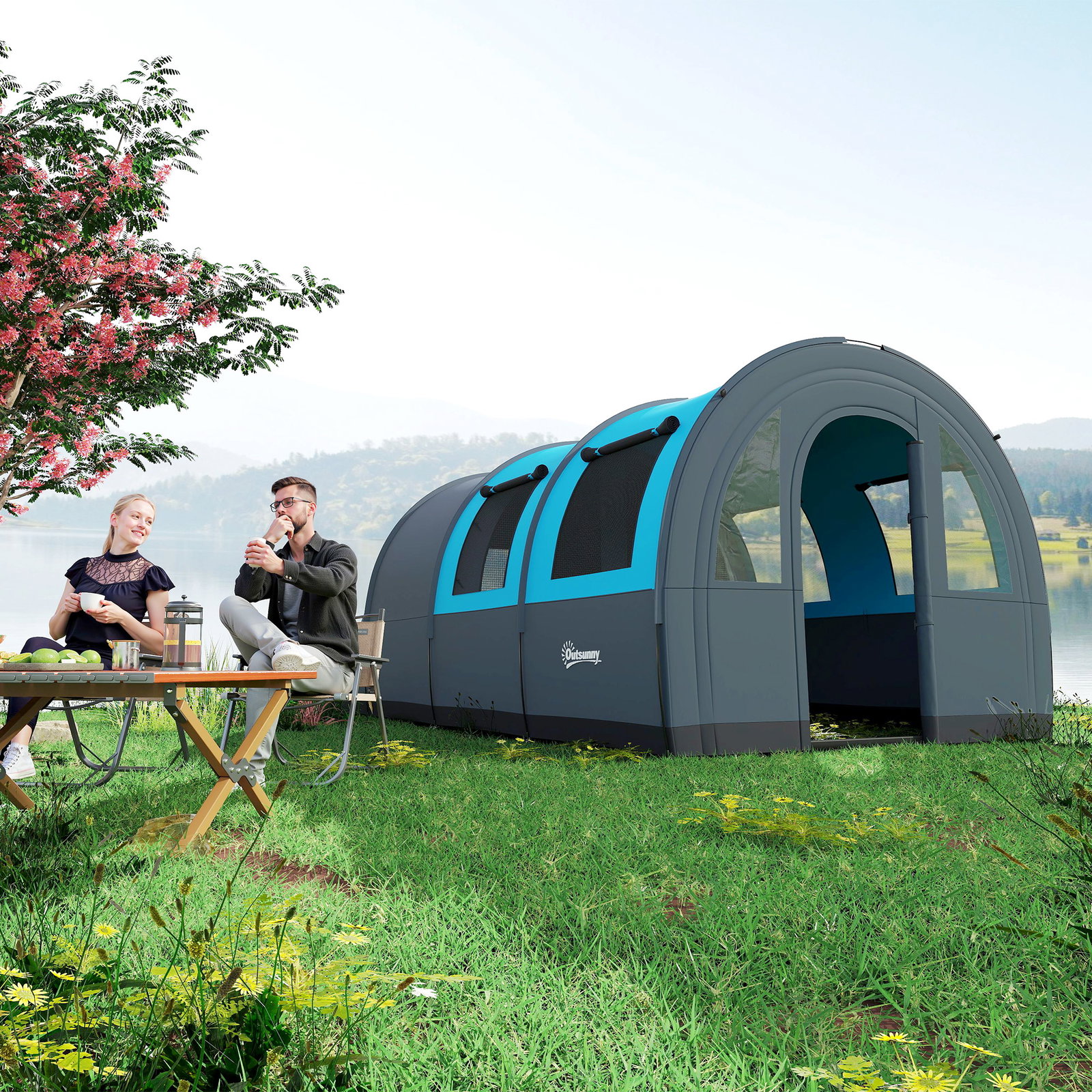 Tenda de campismo familiar para 3 pessoas com 2 quartos portas impermeável 3000 mm para trekking 480x260x200 cm cinza