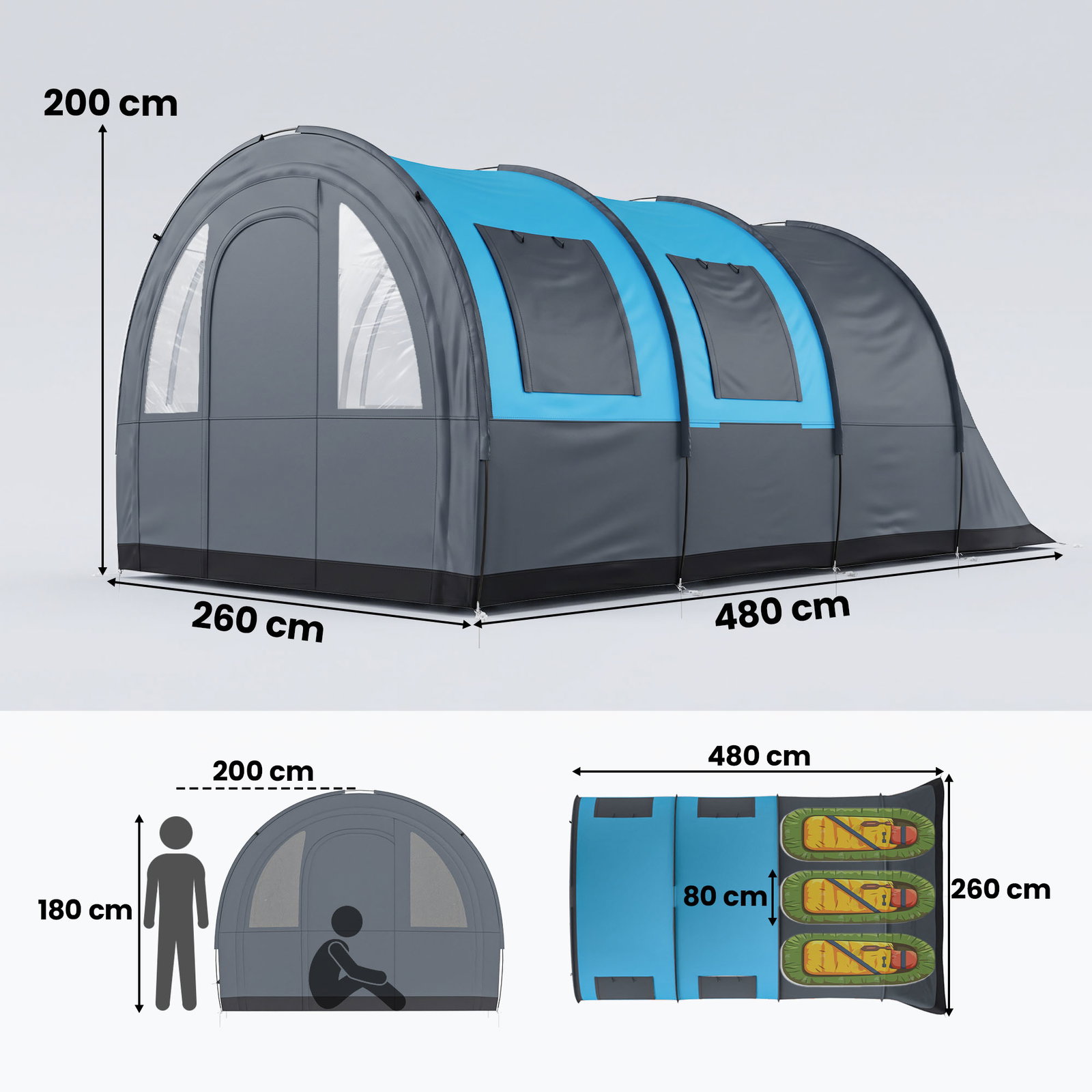 Tenda de campismo familiar para 3 pessoas com 2 quartos portas impermeável 3000 mm para trekking 480x260x200 cm cinza