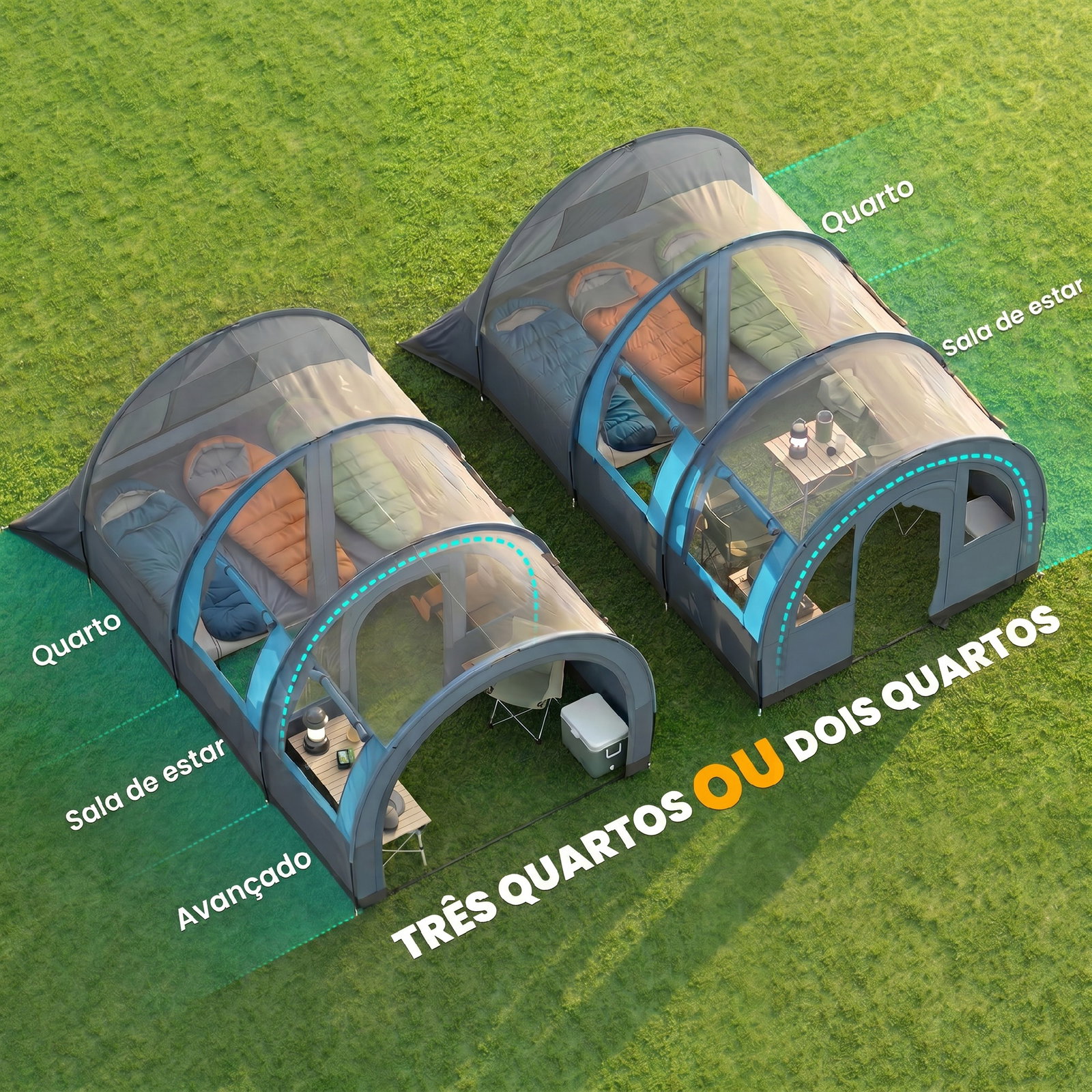 Tenda de campismo familiar para 3 pessoas com 2 quartos portas impermeável 3000 mm para trekking 480x260x200 cm cinza
