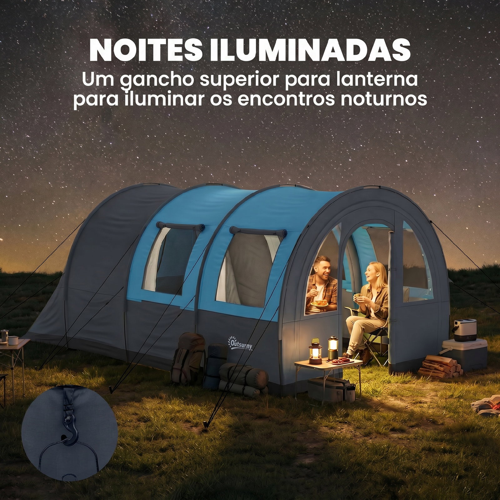 Tenda de campismo familiar para 3 pessoas com 2 quartos portas impermeável 3000 mm para trekking 480x260x200 cm cinza