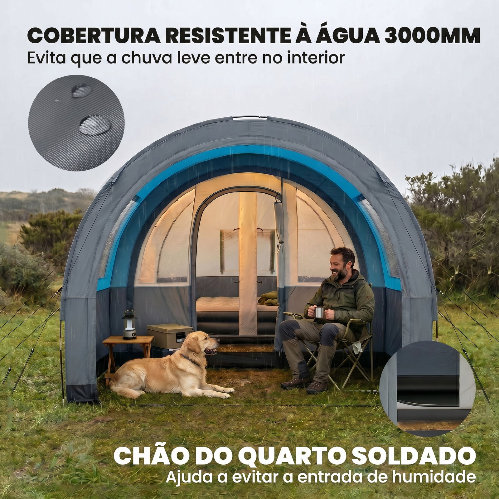 Tenda de campismo familiar para 3 pessoas com 2 quartos portas impermeável 3000 mm para trekking 480x260x200 cm cinza