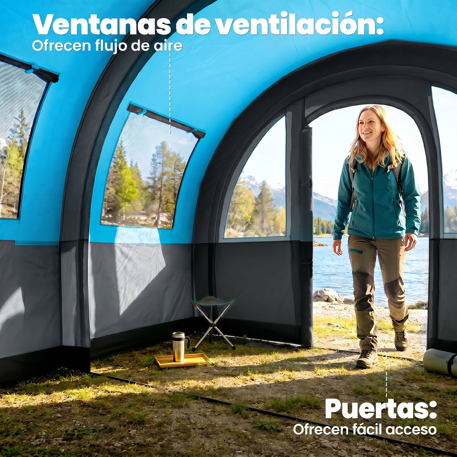 Tenda de campismo familiar para 3 pessoas com 2 quartos portas impermeável 3000 mm para trekking 480x260x200 cm cinza