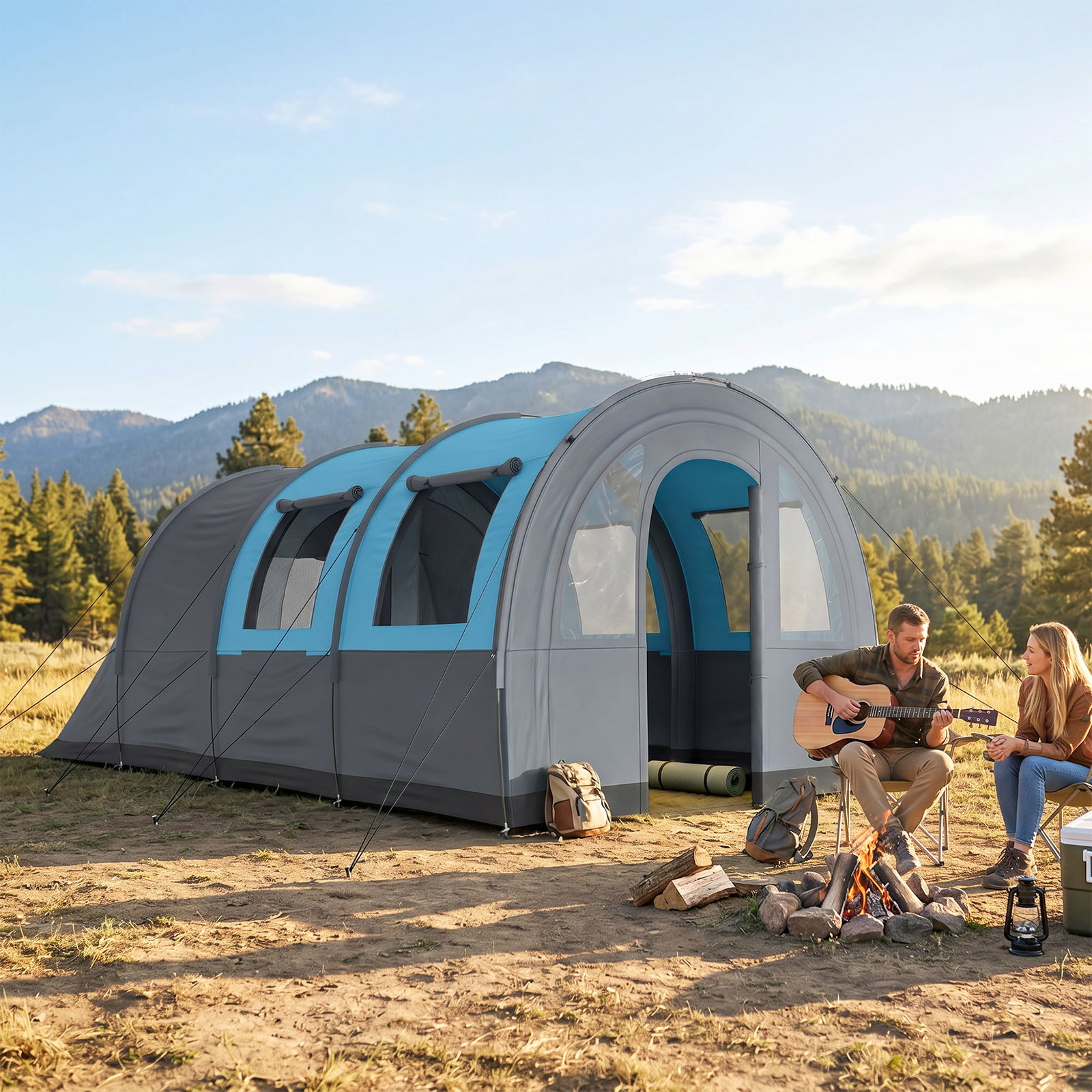 Tenda de campismo familiar para 3 pessoas com 2 quartos portas impermeável 3000 mm para trekking 480x260x200 cm cinza