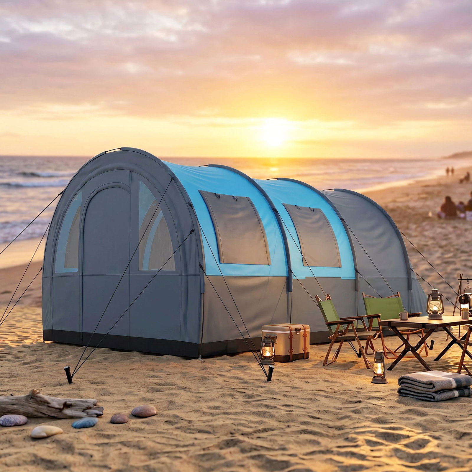 Tenda de campismo familiar para 3 pessoas com 2 quartos portas impermeável 3000 mm para trekking 480x260x200 cm cinza