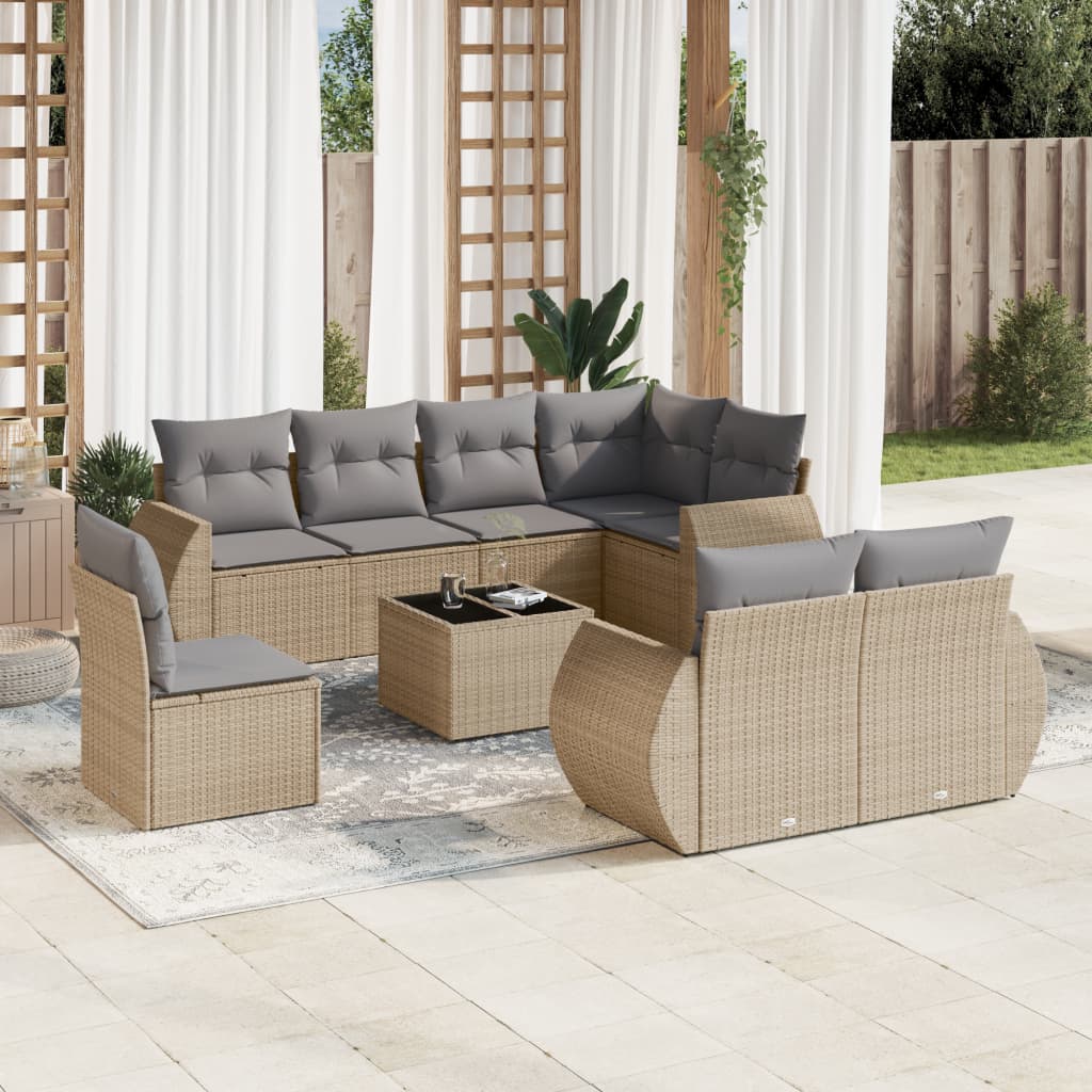 9 Pcs conjunto de sofás p/ jardim com almofadões vime PE bege