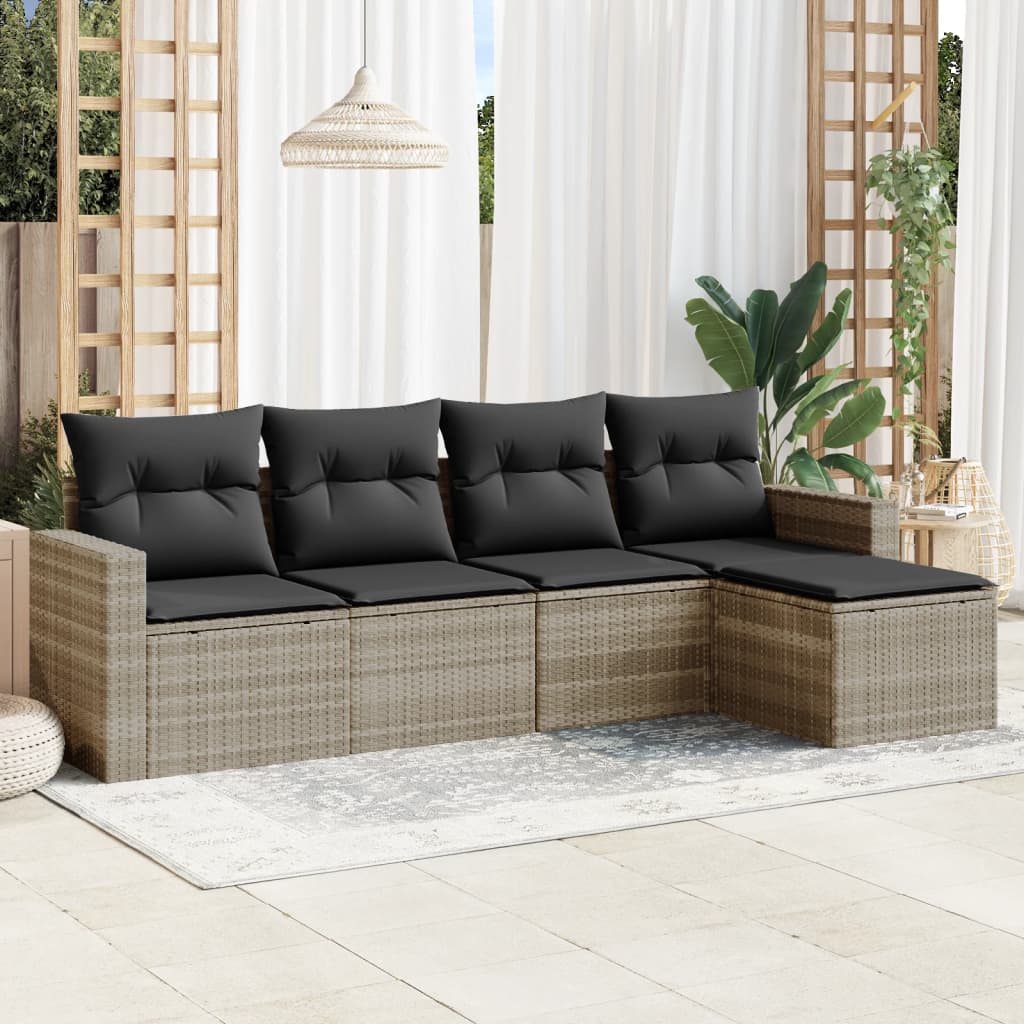 5 Pcs conj. sofás jardim c/ almofadões vime PE cinzento-claro