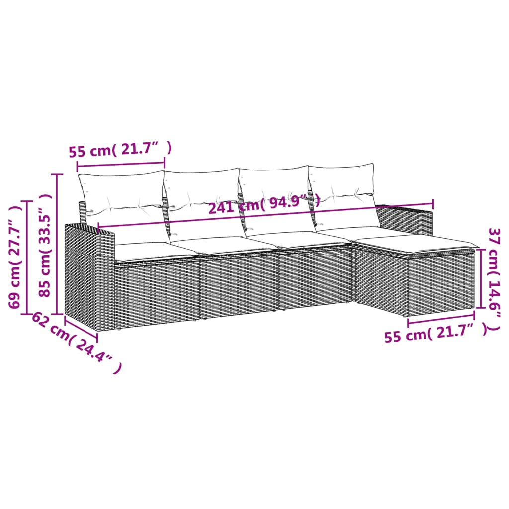 5 Pcs conj. sofás jardim c/ almofadões vime PE cinzento-claro