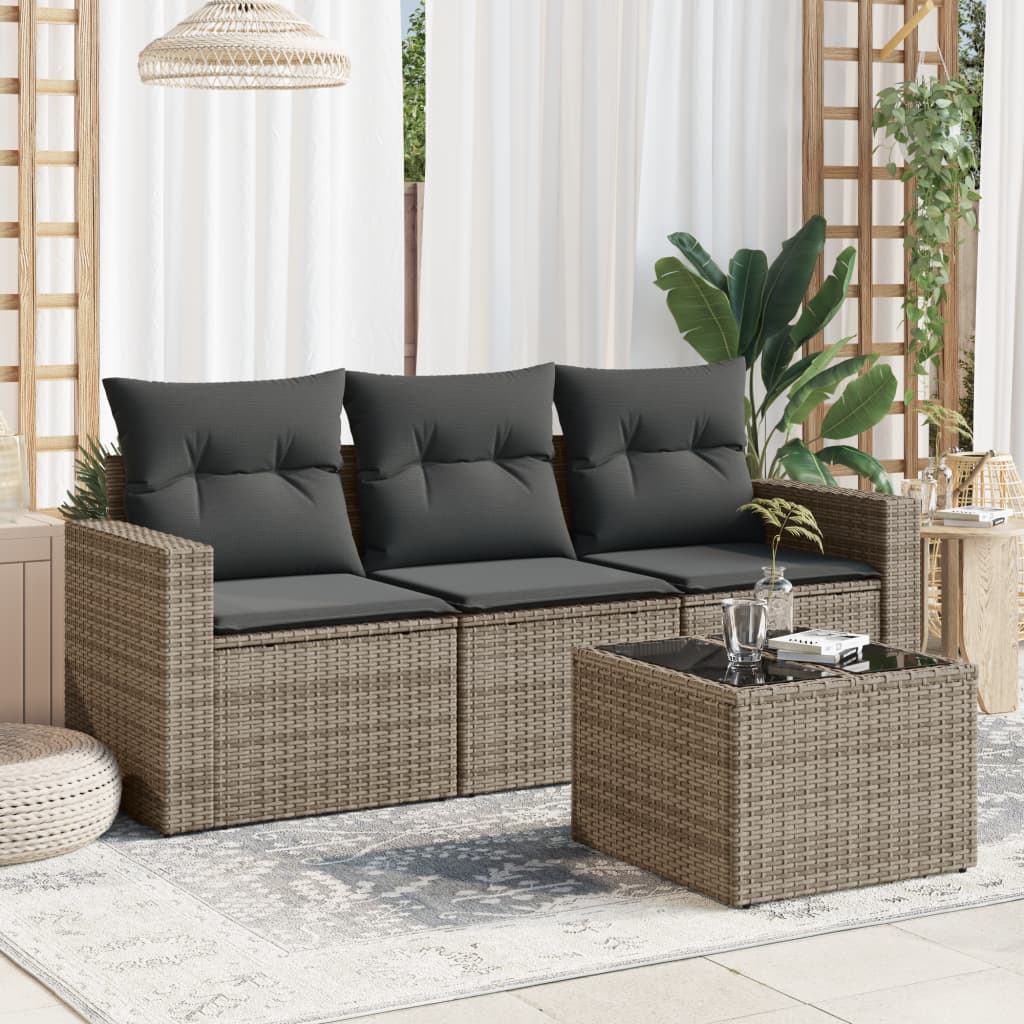 4 Pcs conjunto sofás de jardim c/ almofadões vime PE cinzento