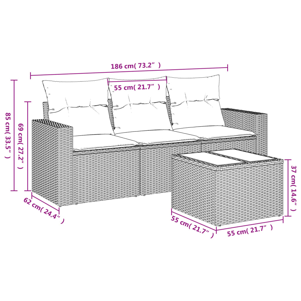 4 Pcs conjunto sofás de jardim c/ almofadões vime PE cinzento