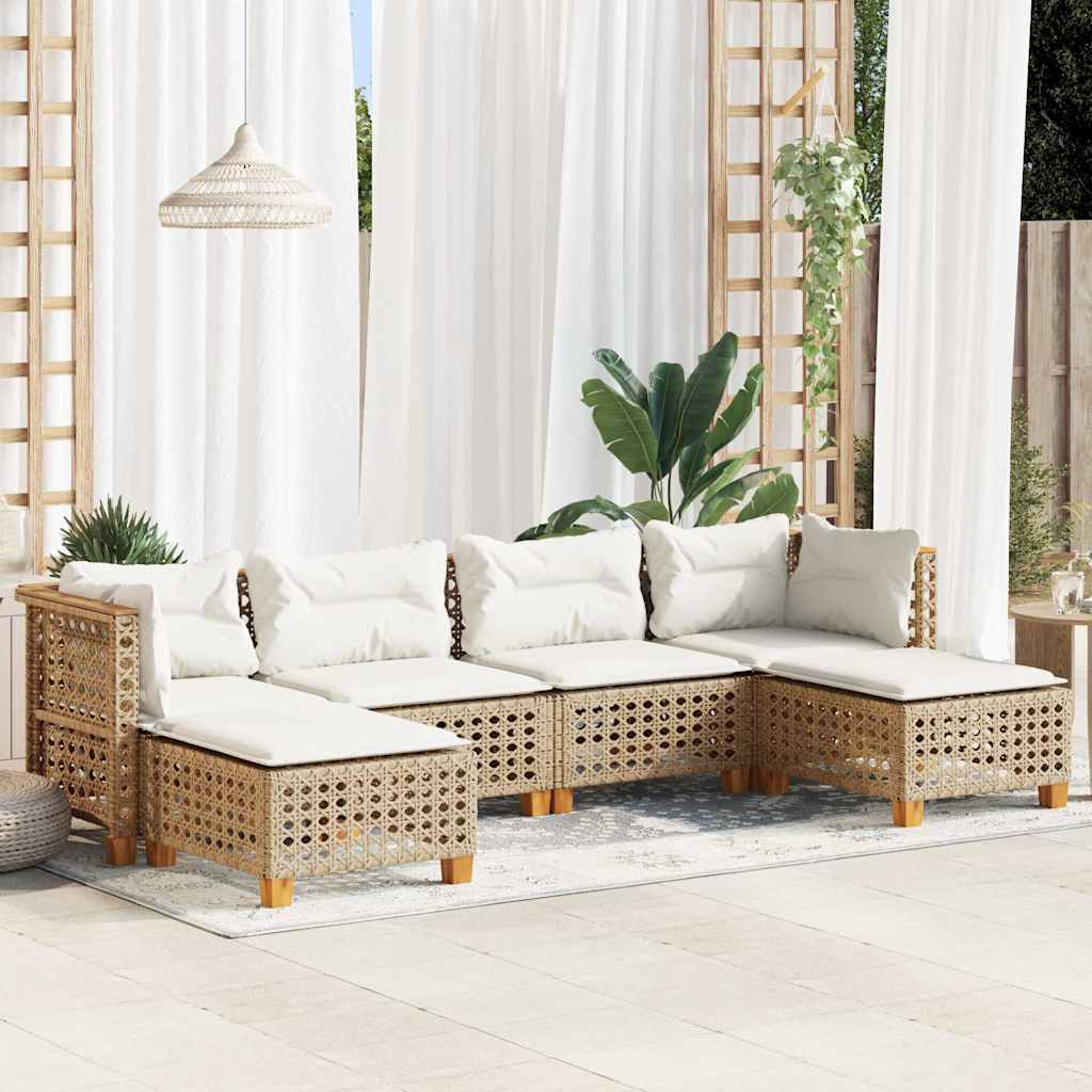 6 Pcs conjunto de sofás p/ jardim com almofadões vime PE bege