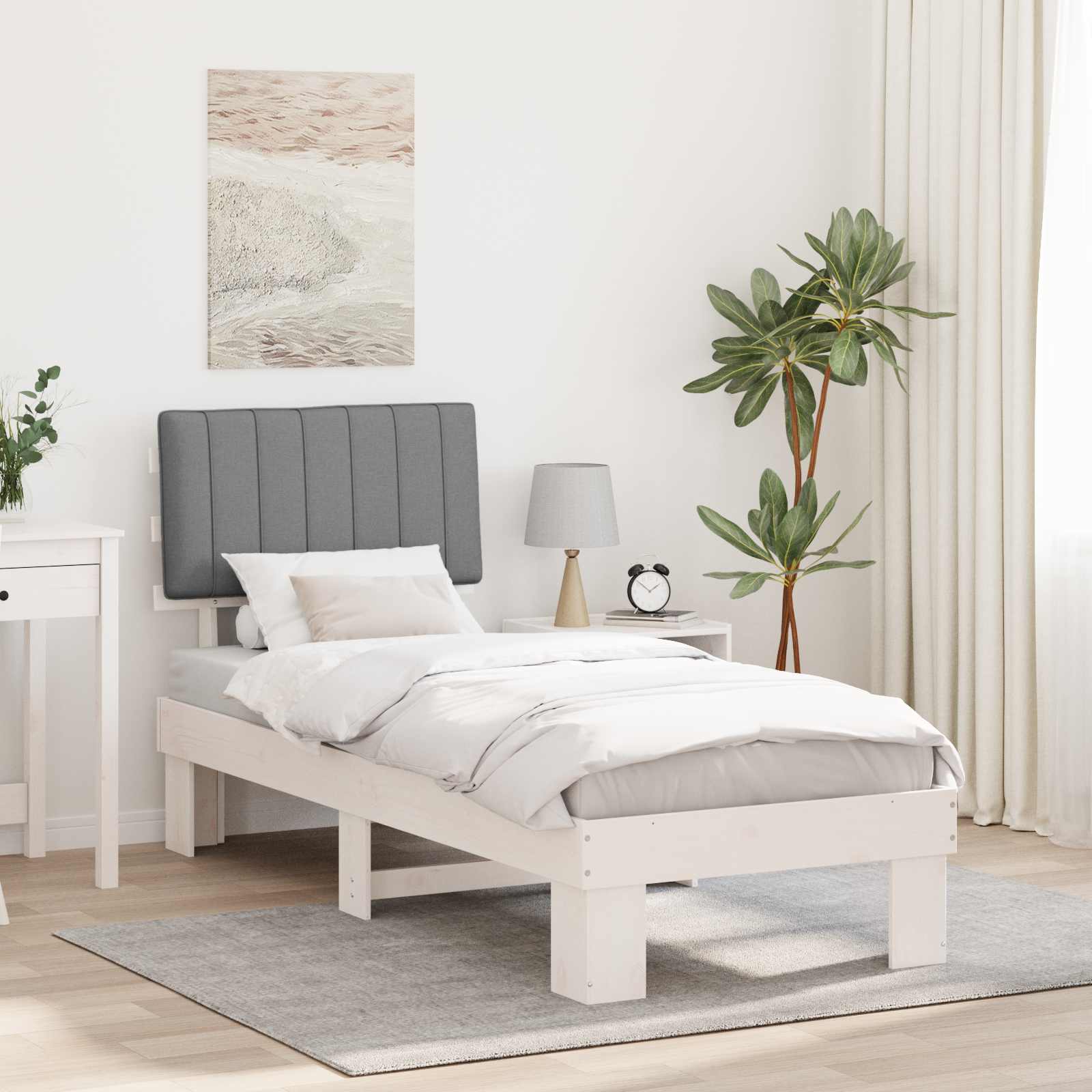 Estrutura de cama com cabeceira estofada cinzento-claro