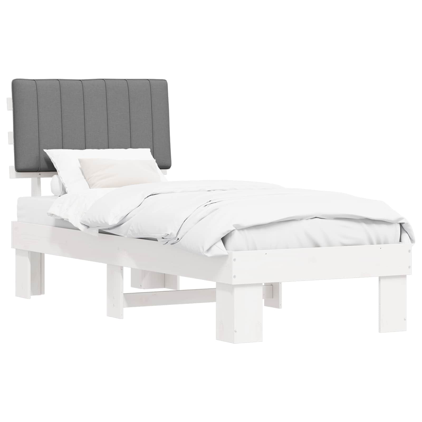 Estrutura de cama com cabeceira estofada cinzento-claro