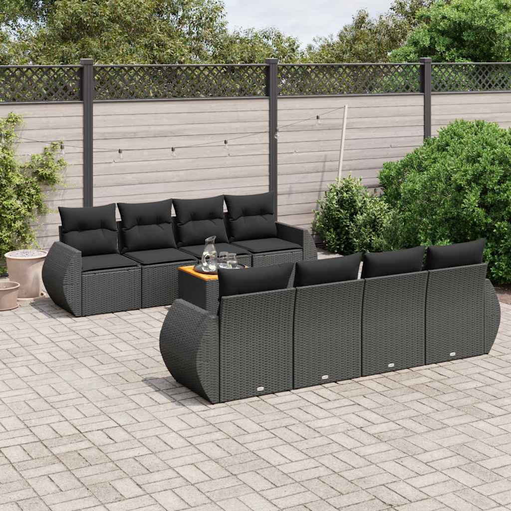 9 Pcs conjunto de sofás p/ jardim c/ almofadões vime PE preto