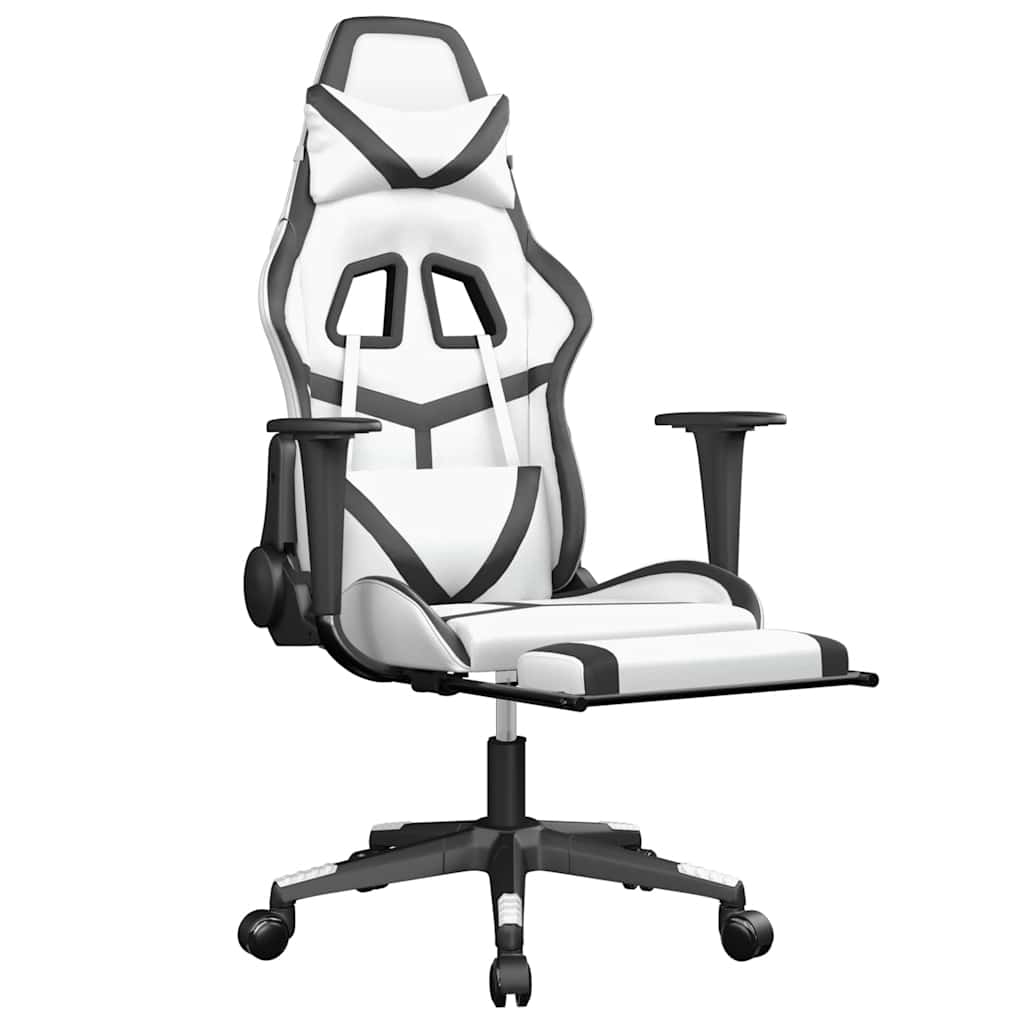 Cadeira gaming massagens c/ apoio pés couro artif. branco/preto