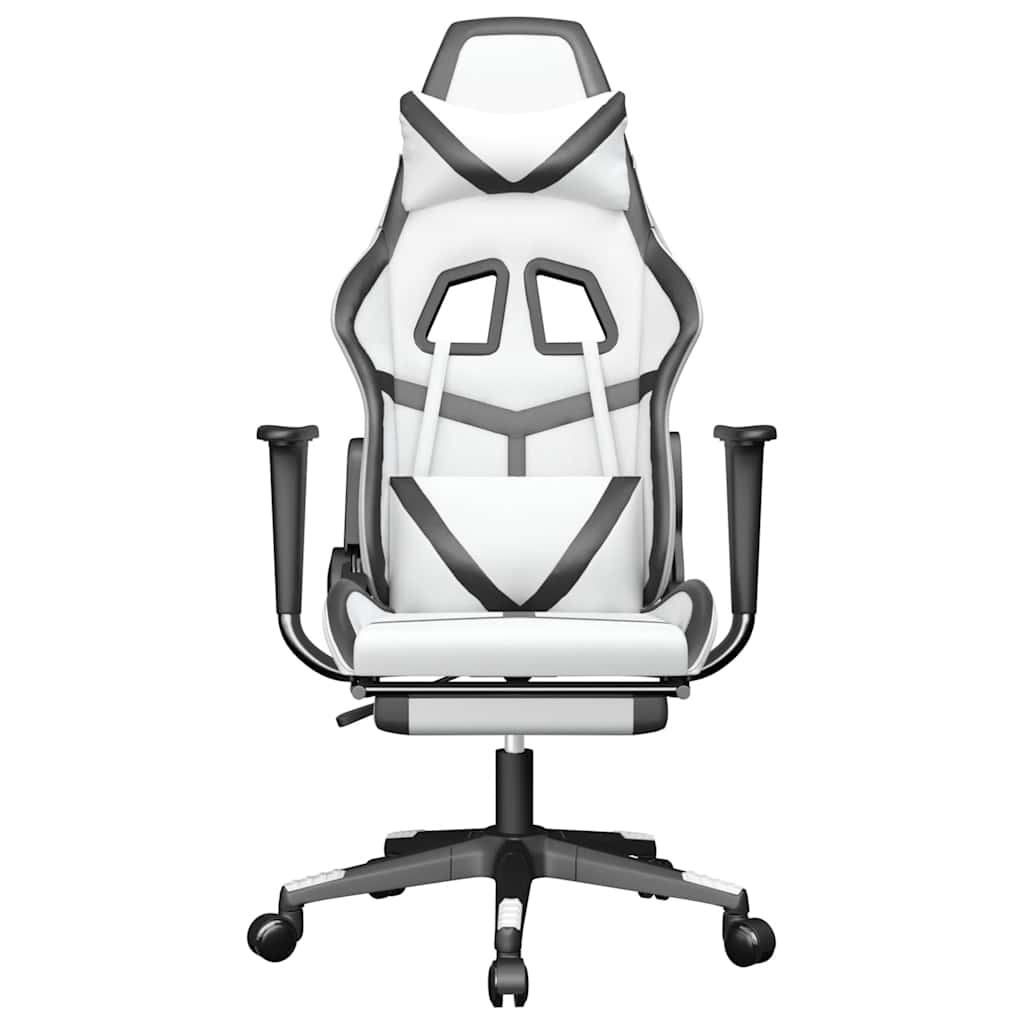 Cadeira gaming massagens c/ apoio pés couro artif. branco/preto