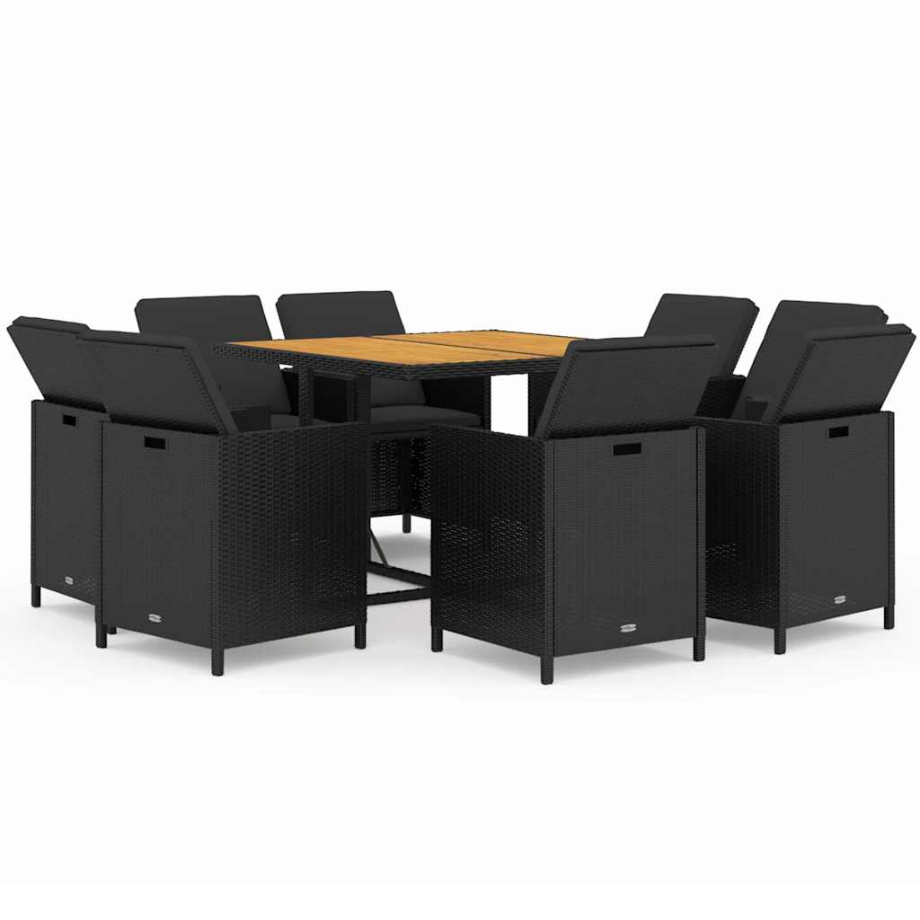 9 Pcs conjunto de jantar p/ jardim c/ almofadões vime PE preto