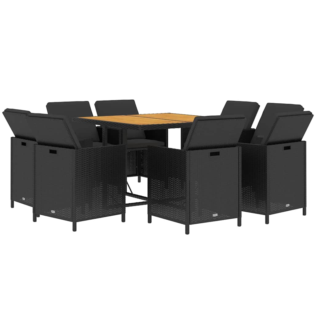 9 Pcs conjunto de jantar p/ jardim c/ almofadões vime PE preto