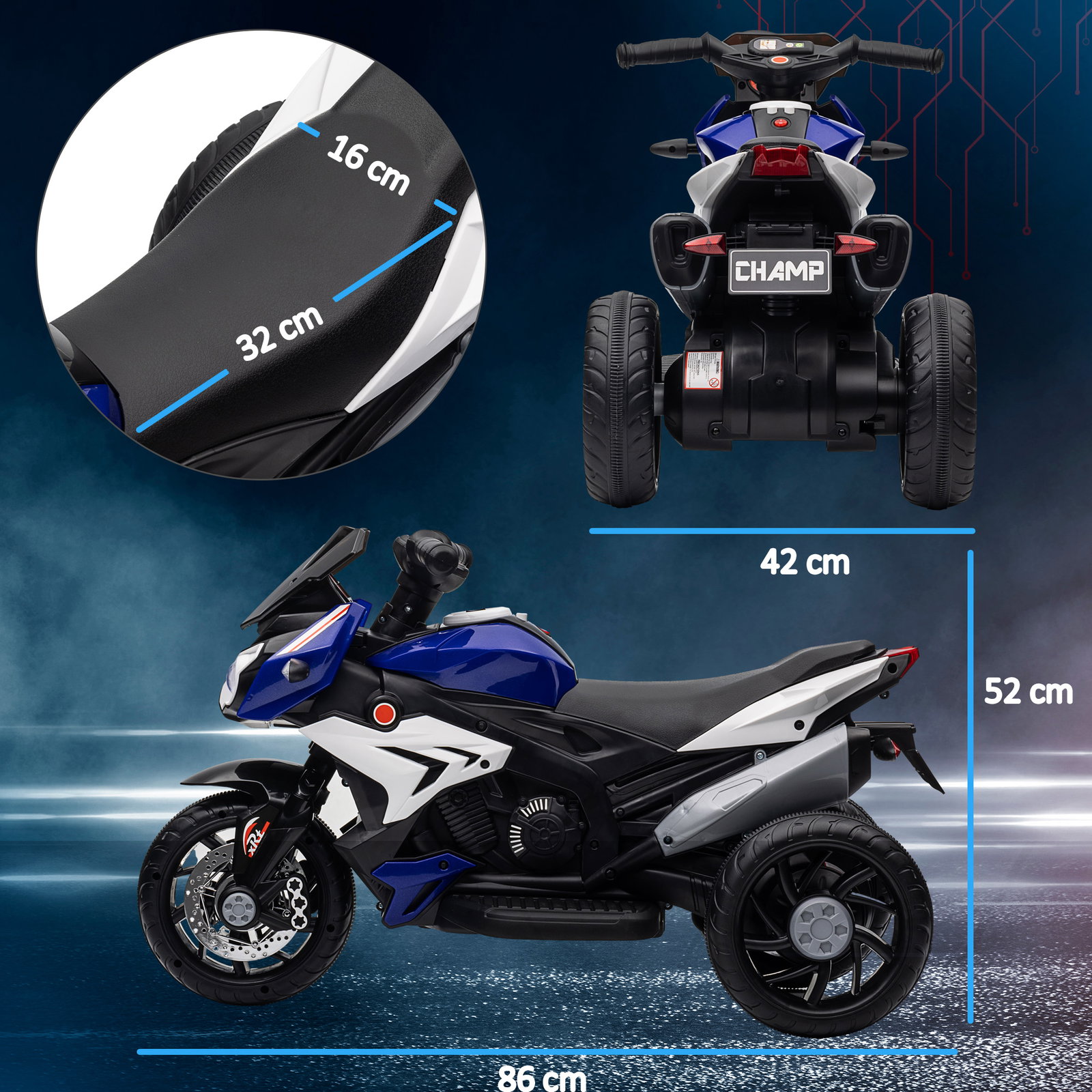 Motocicleta elétrica infantil com 3 rodas com bateria 6v recarregável funções de música buzina faróis 86x42x52 cm azul