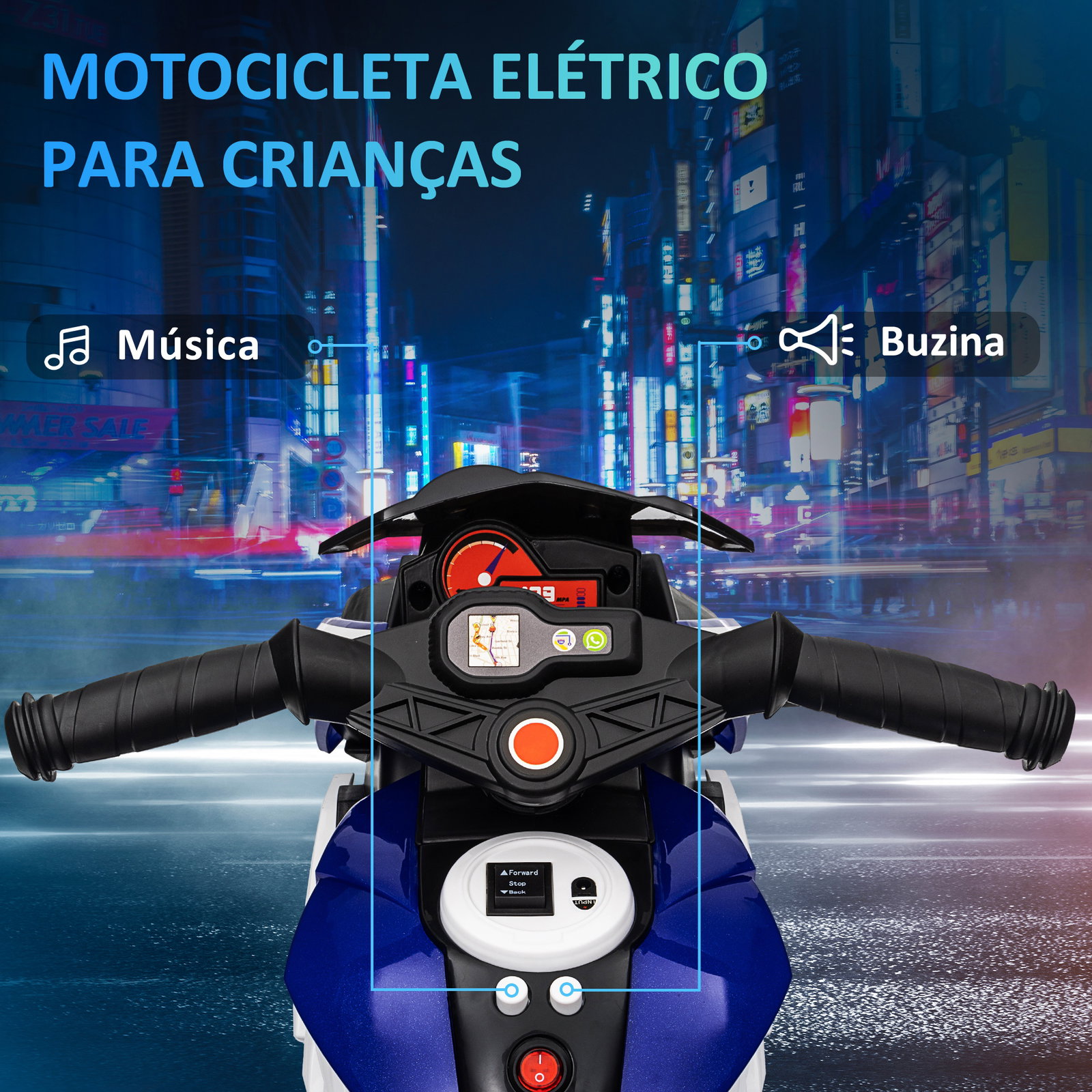 Motocicleta elétrica infantil com 3 rodas com bateria 6v recarregável funções de música buzina faróis 86x42x52 cm azul