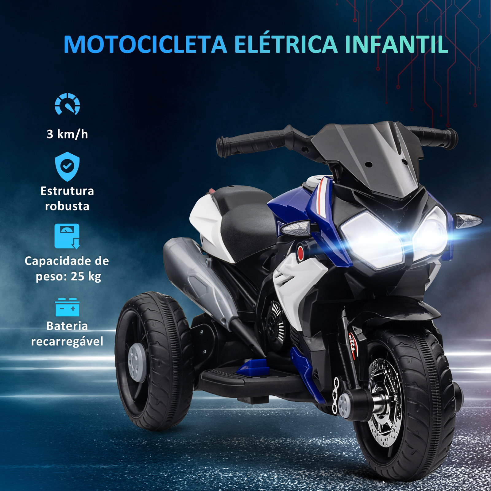 Motocicleta elétrica infantil com 3 rodas com bateria 6v recarregável funções de música buzina faróis 86x42x52 cm azul