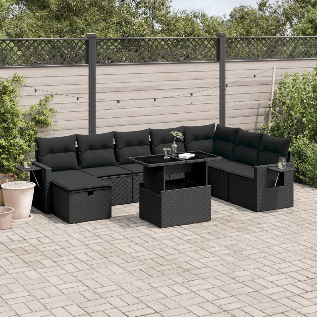 9 Pcs conjunto de sofás p/ jardim c/ almofadões vime PE preto