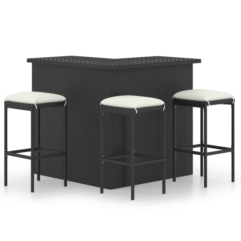 4 Pcs conjunto de bar p/ jardim com almofadões vime PE preto