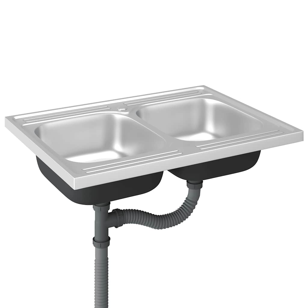 Lava-louça cozinha + cuba dupla 800x600x155mm aço inox prateado